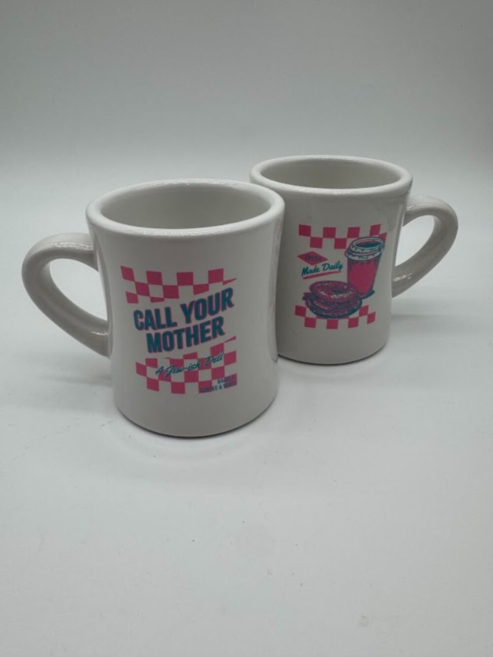 Call Your Mother Deli Retro Diner Mug Set of 2 Pink Checkerboard Bagel Coffee